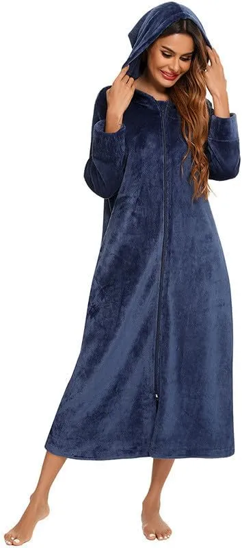 Women Soft Fleece Hoodies Bathrobe Casual Fuzzy Full Zip Nightgown Loose Comfy Long Sleeve Sleepwear Loungewear Robe