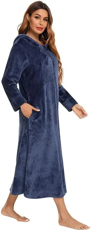 Women Soft Fleece Hoodies Bathrobe Casual Fuzzy Full Zip Nightgown Loose Comfy Long Sleeve Sleepwear Loungewear Robe