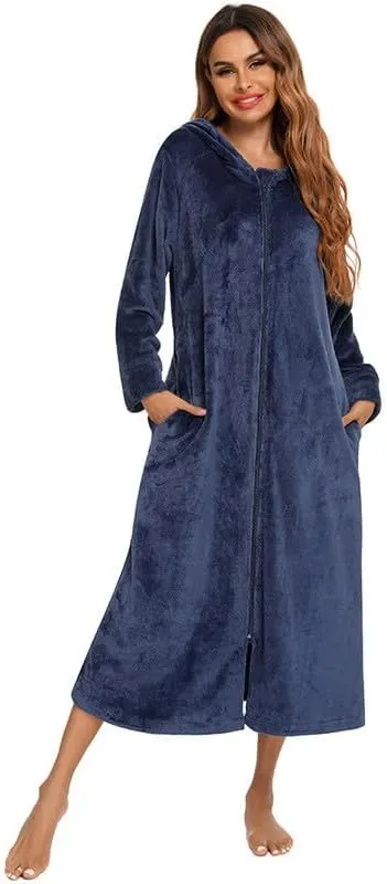 Women Soft Fleece Hoodies Bathrobe Casual Fuzzy Full Zip Nightgown Loose Comfy Long Sleeve Sleepwear Loungewear Robe