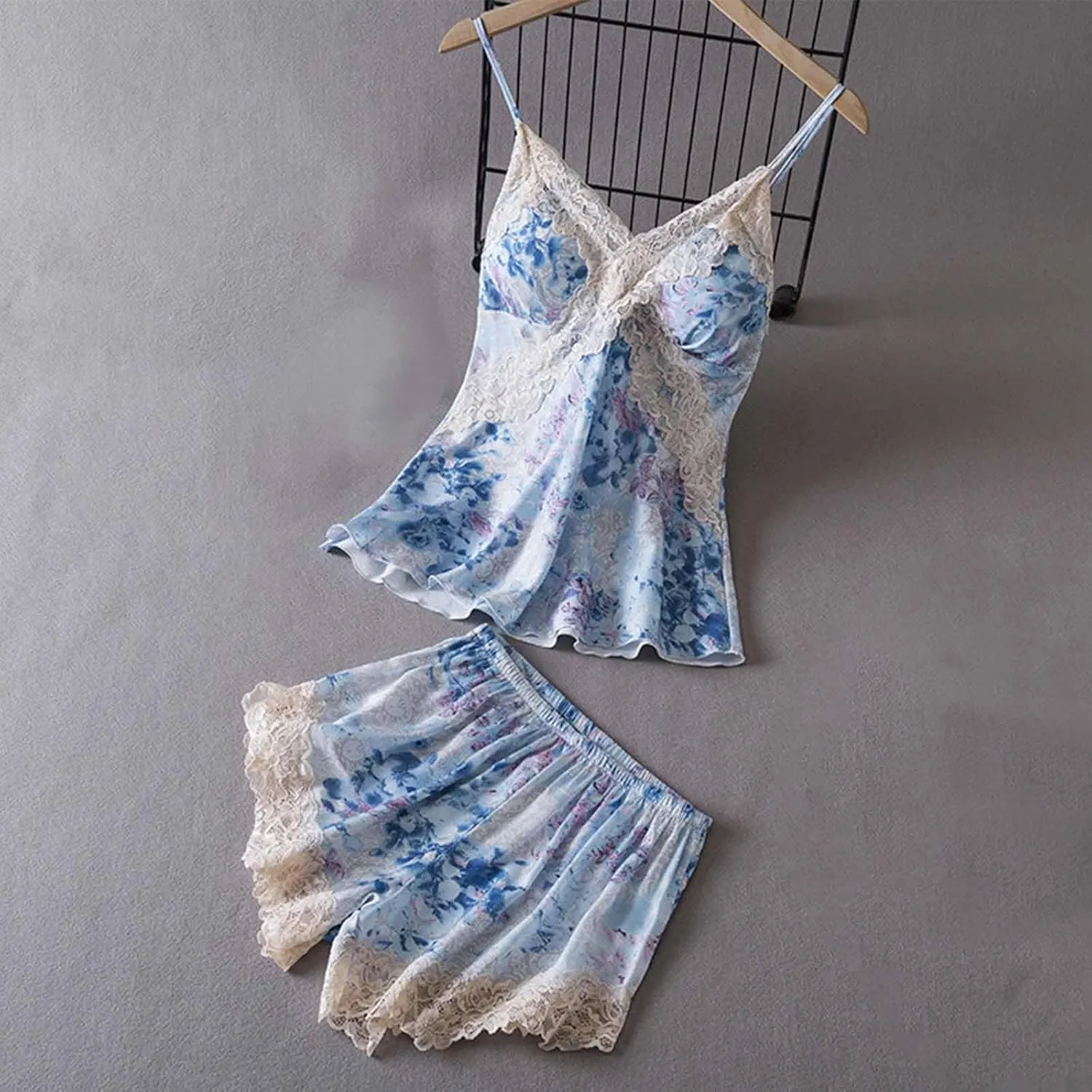 Women Sweetness Cami 2 Piece Set Lace Camisole Bulit in Bra Floral Lingerie Nightwear Sexy Pajama Shorts Lounge Sets