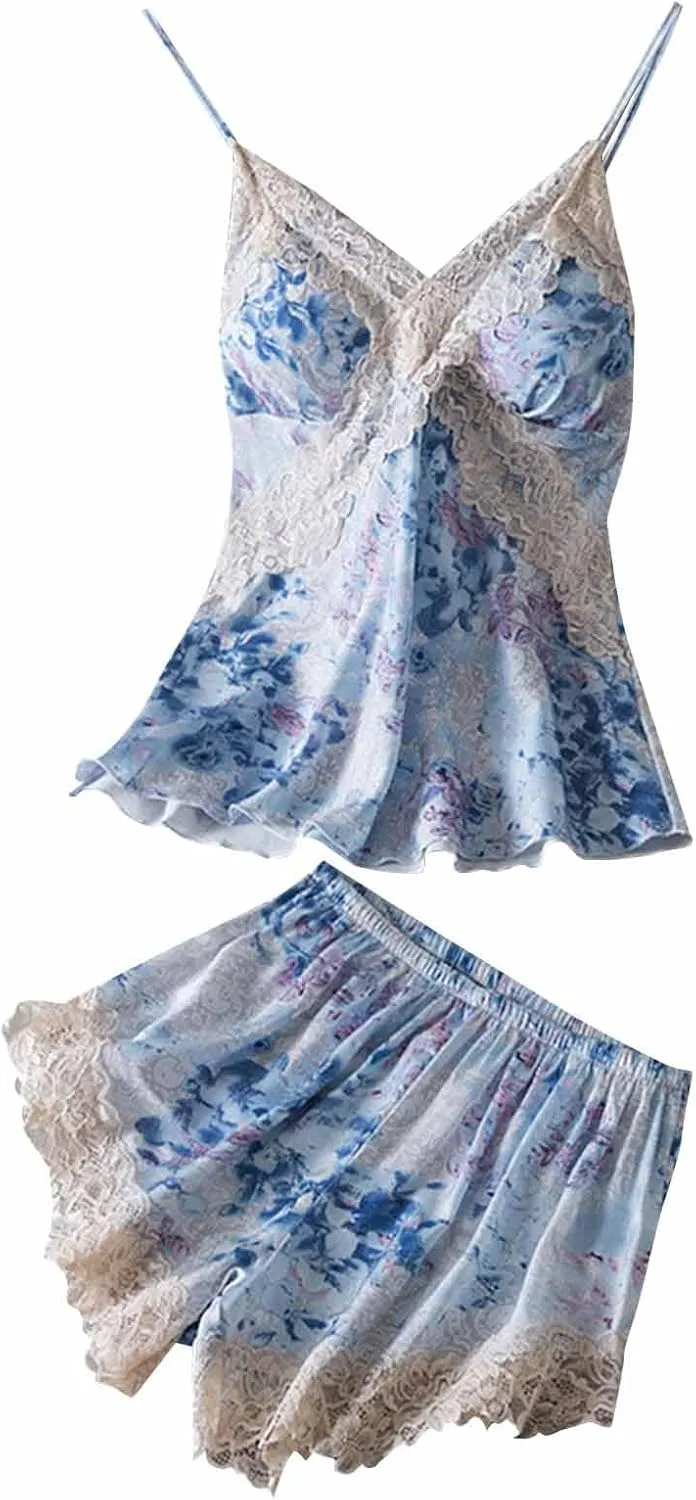 Women Sweetness Cami 2 Piece Set Lace Camisole Bulit in Bra Floral Lingerie Nightwear Sexy Pajama Shorts Lounge Sets