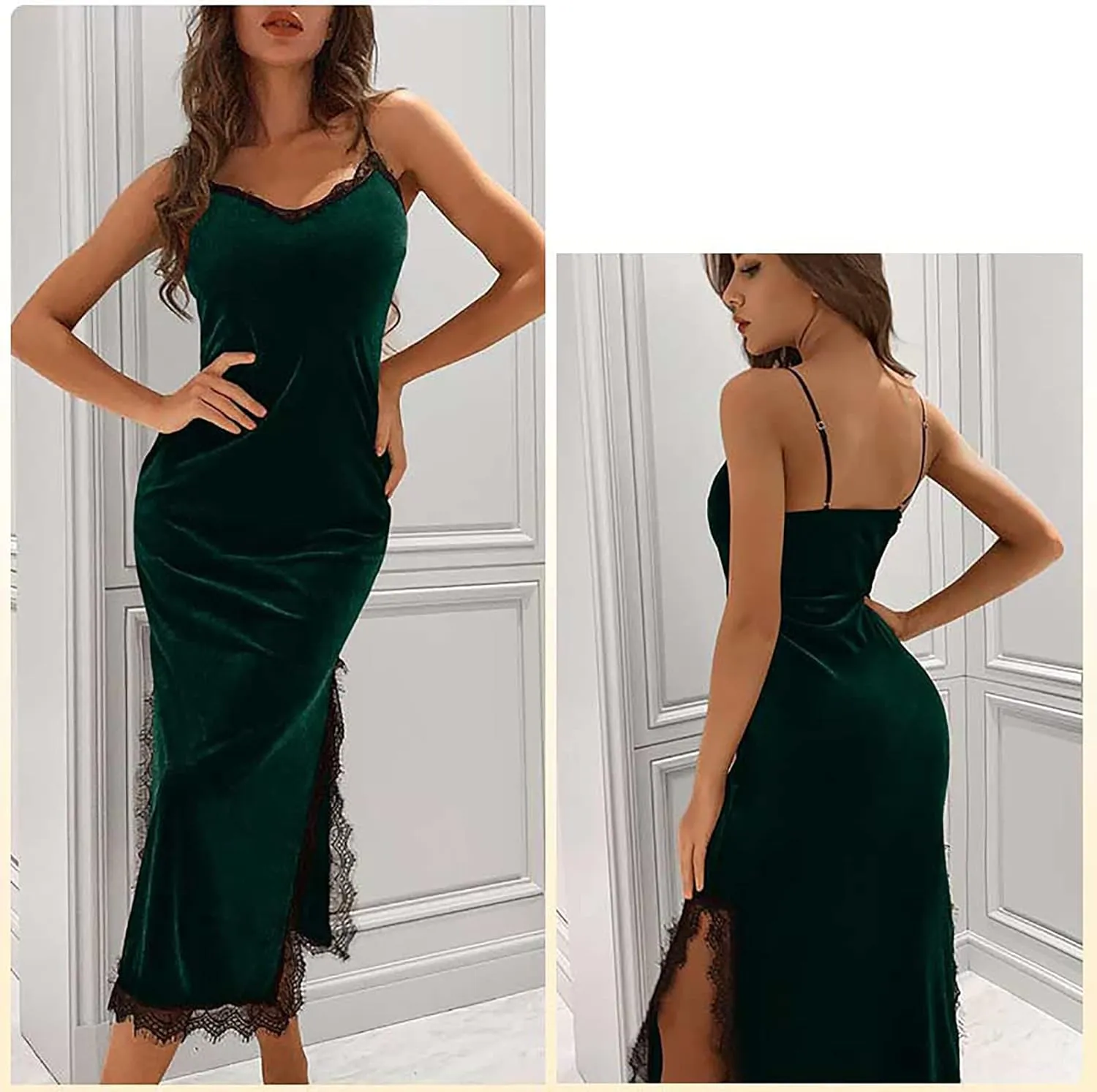 Women Velvet Lace Nightgowns V Neck Long Chemise Sexy Lingerie Nightdress Split Hem Sleeveless Cami Sleepwear