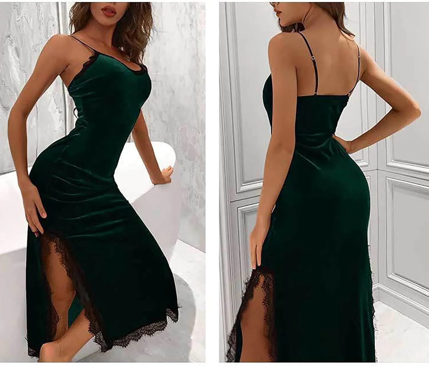 Women Velvet Lace Nightgowns V Neck Long Chemise Sexy Lingerie Nightdress Split Hem Sleeveless Cami Sleepwear