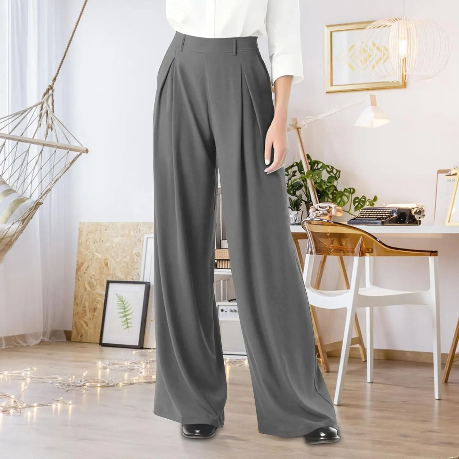 Women Wide Leg Dress Pants High Waisted Business Casual Suit Pants Work Trousers with Pockets
