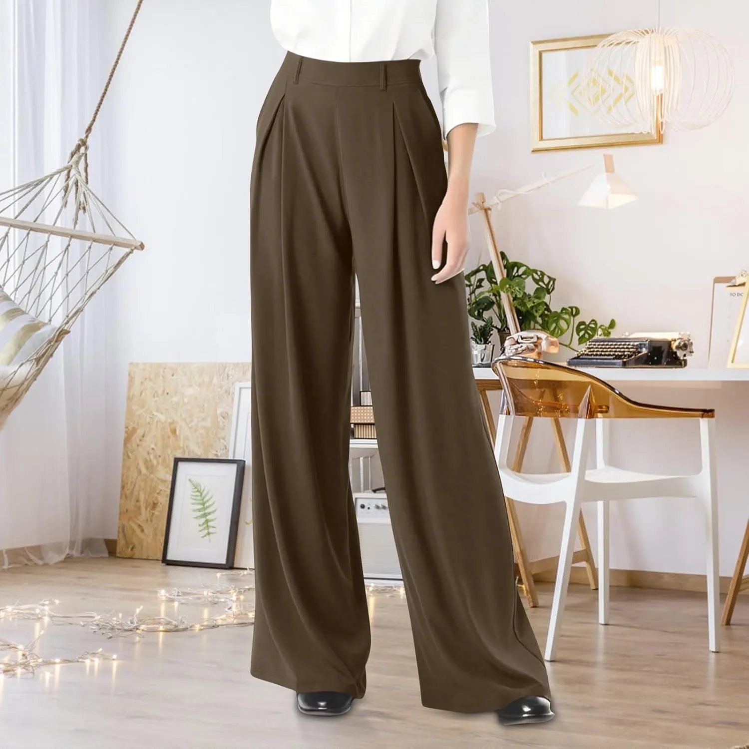 Women Wide Leg Dress Pants High Waisted Loose Fit Business Suit Pants Work Trousers with Pockets