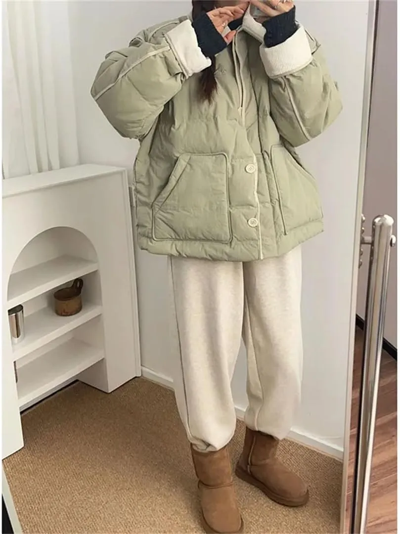 Women Winter Lapels Thickened Relaxed College Style Casual Fragrant Short Cotton-Padded Jacket Cotton-Padded Button Coat