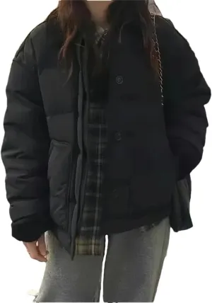 Women Winter Lapels Thickened Relaxed College Style Casual Fragrant Short Cotton-Padded Jacket Cotton-Padded Button Coat