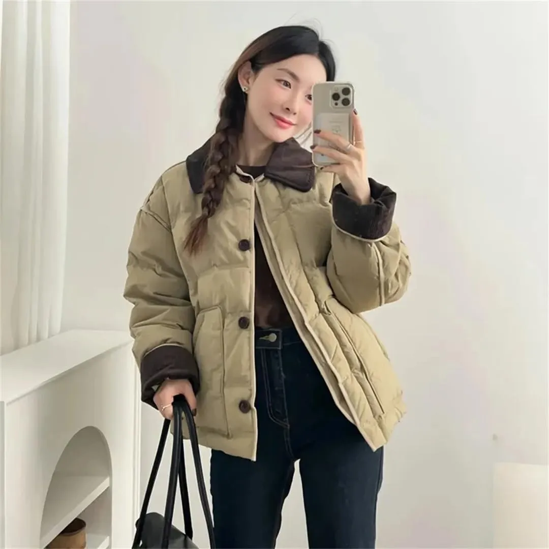 Women Winter Lapels Thickened Relaxed College Style Casual Fragrant Short Cotton-Padded Jacket Cotton-Padded Button Coat