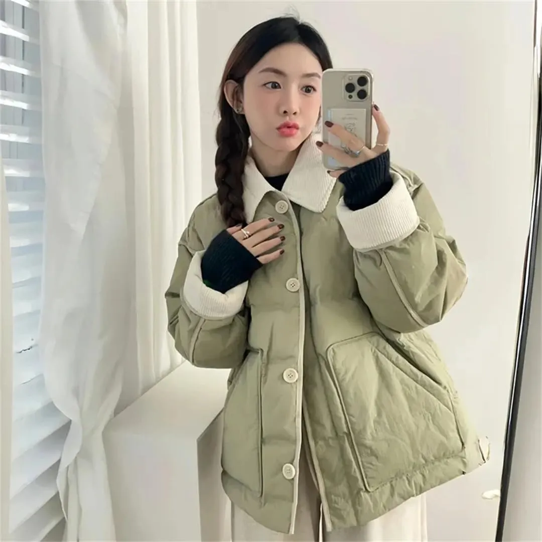 Women Winter Lapels Thickened Relaxed College Style Casual Fragrant Short Cotton-Padded Jacket Cotton-Padded Button Coat