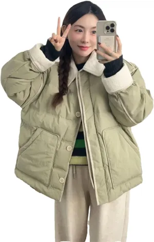 Women Winter Lapels Thickened Relaxed College Style Casual Fragrant Short Cotton-Padded Jacket Cotton-Padded Button Coat