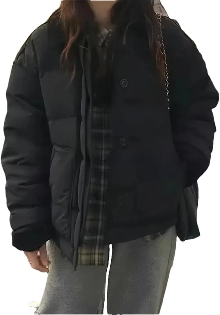 Women Winter Lapels Thickened Relaxed College Style Casual Fragrant Short Cotton-Padded Jacket Cotton-Padded Button Coat