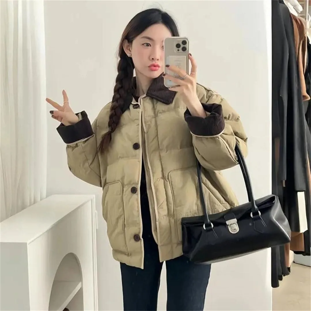 Women Winter Lapels Thickened Relaxed College Style Casual Fragrant Short Cotton-Padded Jacket Cotton-Padded Button Coat