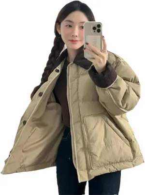 Women Winter Lapels Thickened Relaxed College Style Casual Fragrant Short Cotton-Padded Jacket Cotton-Padded Button Coat
