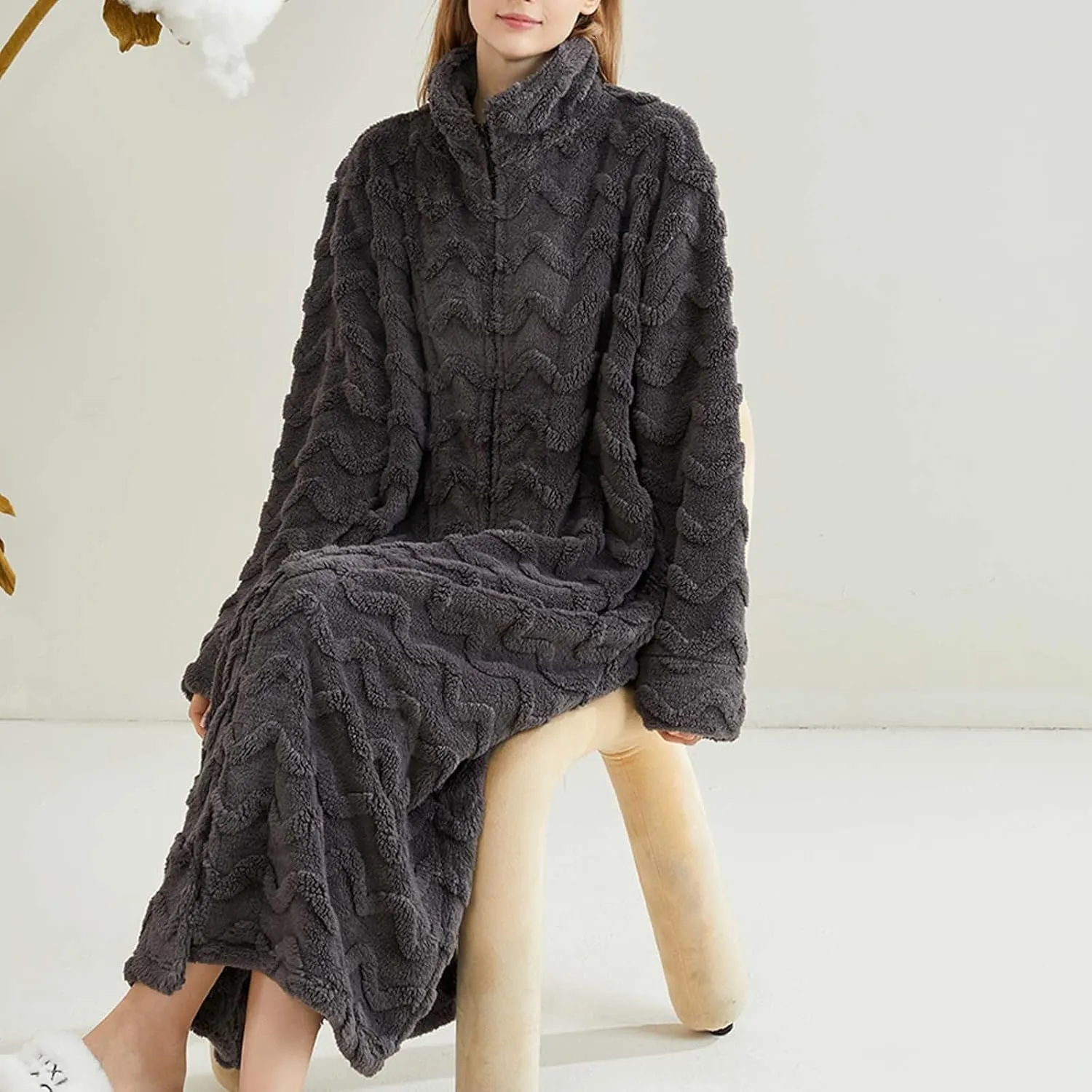 Women Zip Up Robe Fleece Bathrobe Stand Collar Long Zipper Lounger Warm Housecoat Wavy Texture Full Length Nightgown