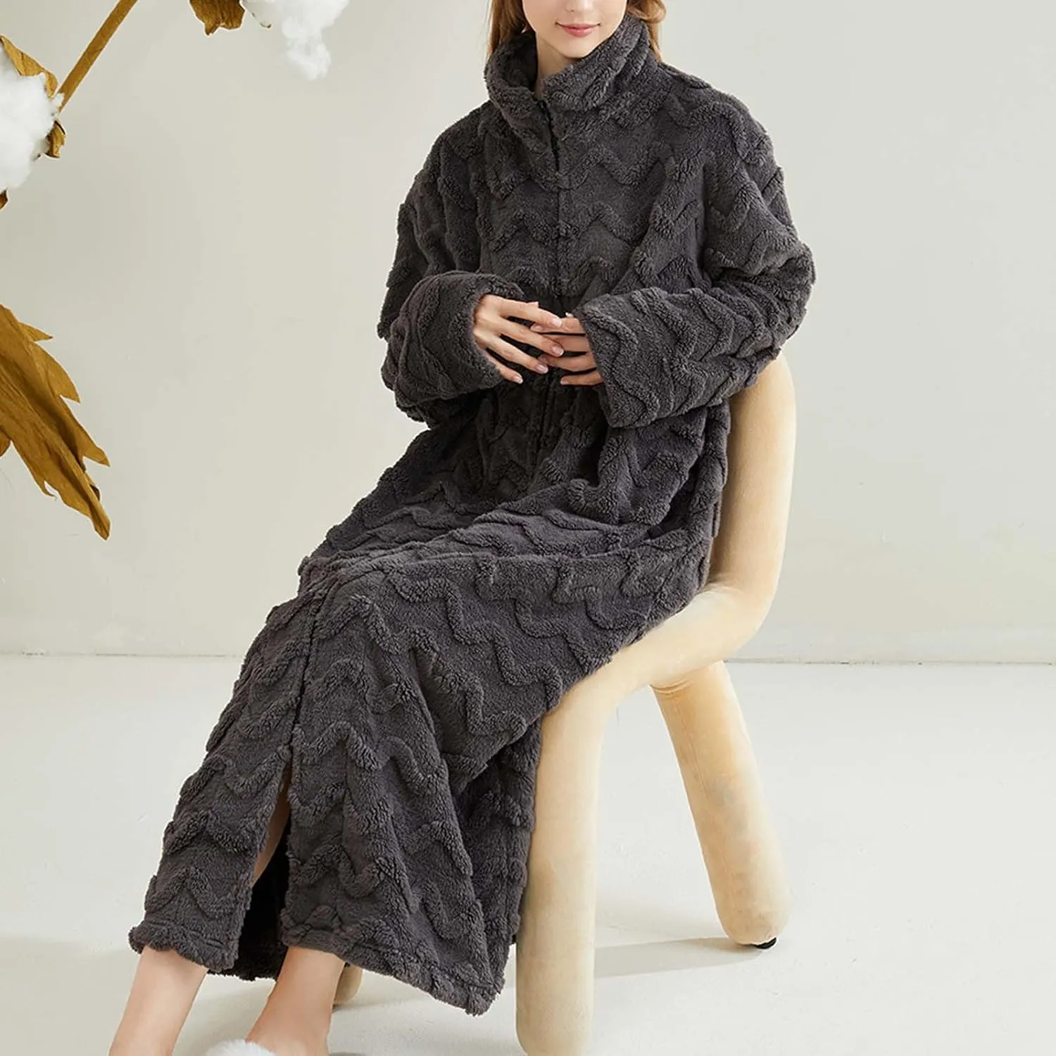 Women Zip Up Robe Fleece Bathrobe Stand Collar Long Zipper Lounger Warm Housecoat Wavy Texture Full Length Nightgown