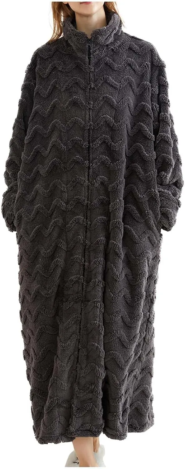 Women Zip Up Robe Fleece Bathrobe Stand Collar Long Zipper Lounger Warm Housecoat Wavy Texture Full Length Nightgown