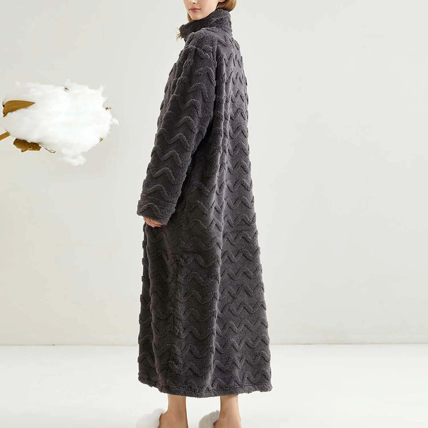Women Zip Up Robe Fleece Bathrobe Stand Collar Long Zipper Lounger Warm Housecoat Wavy Texture Full Length Nightgown