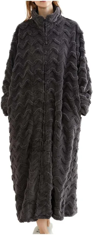 Women Zip Up Robe Fleece Bathrobe Stand Collar Long Zipper Lounger Warm Housecoat Wavy Texture Full Length Nightgown