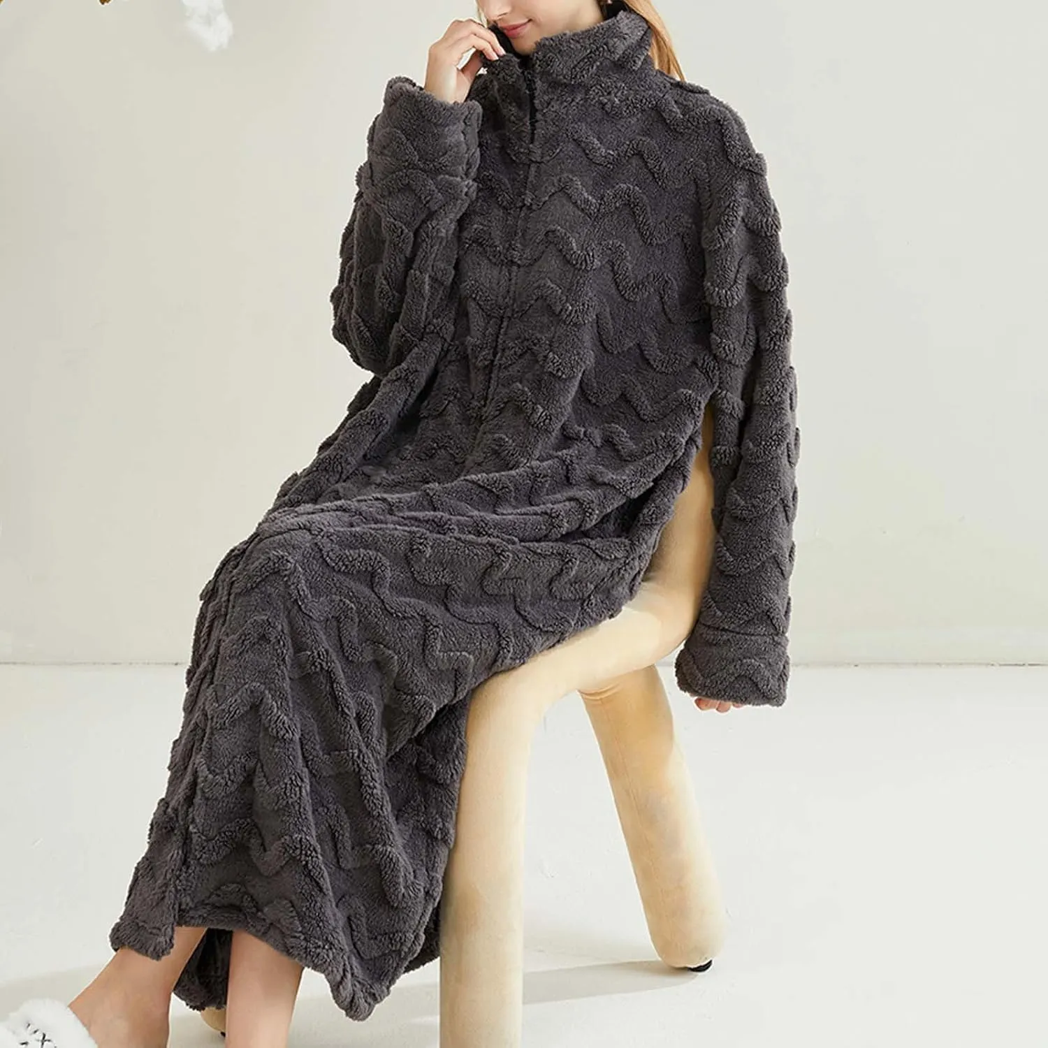 Women Zip Up Robe Fleece Bathrobe Stand Collar Long Zipper Lounger Warm Housecoat Wavy Texture Full Length Nightgown
