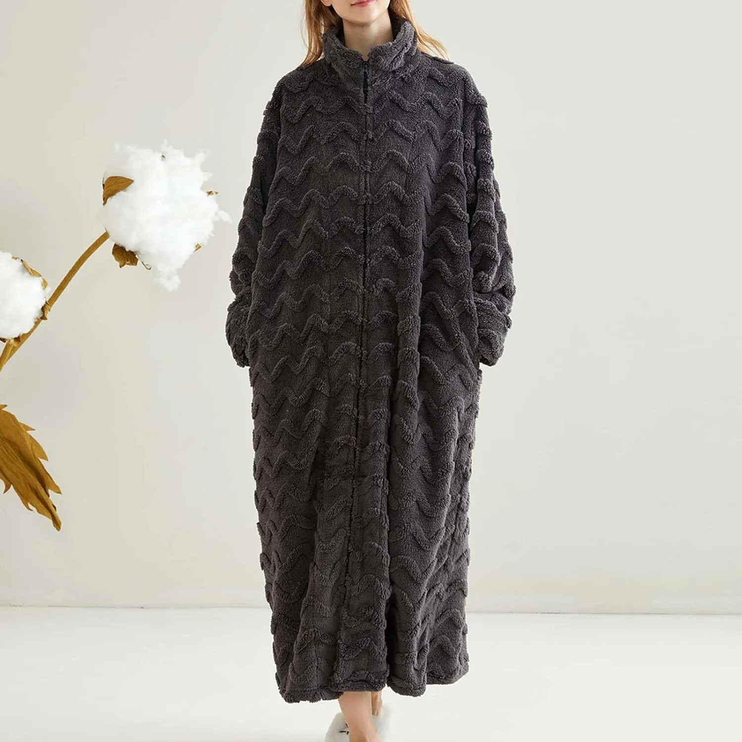 Women Zip Up Robe Fleece Bathrobe Stand Collar Long Zipper Lounger Warm Housecoat Wavy Texture Full Length Nightgown