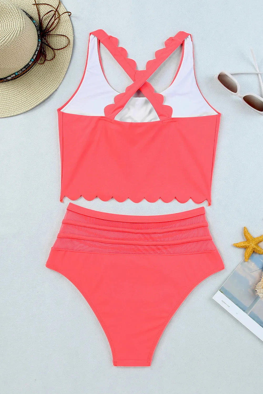Women's 2 Piece Scalloped Criss Cross High Waist Bikini