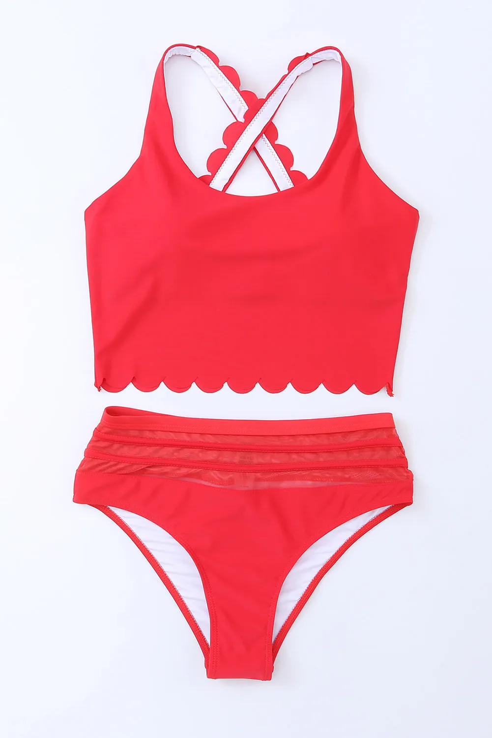 Women's 2 Piece Scalloped Criss Cross High Waist Bikini