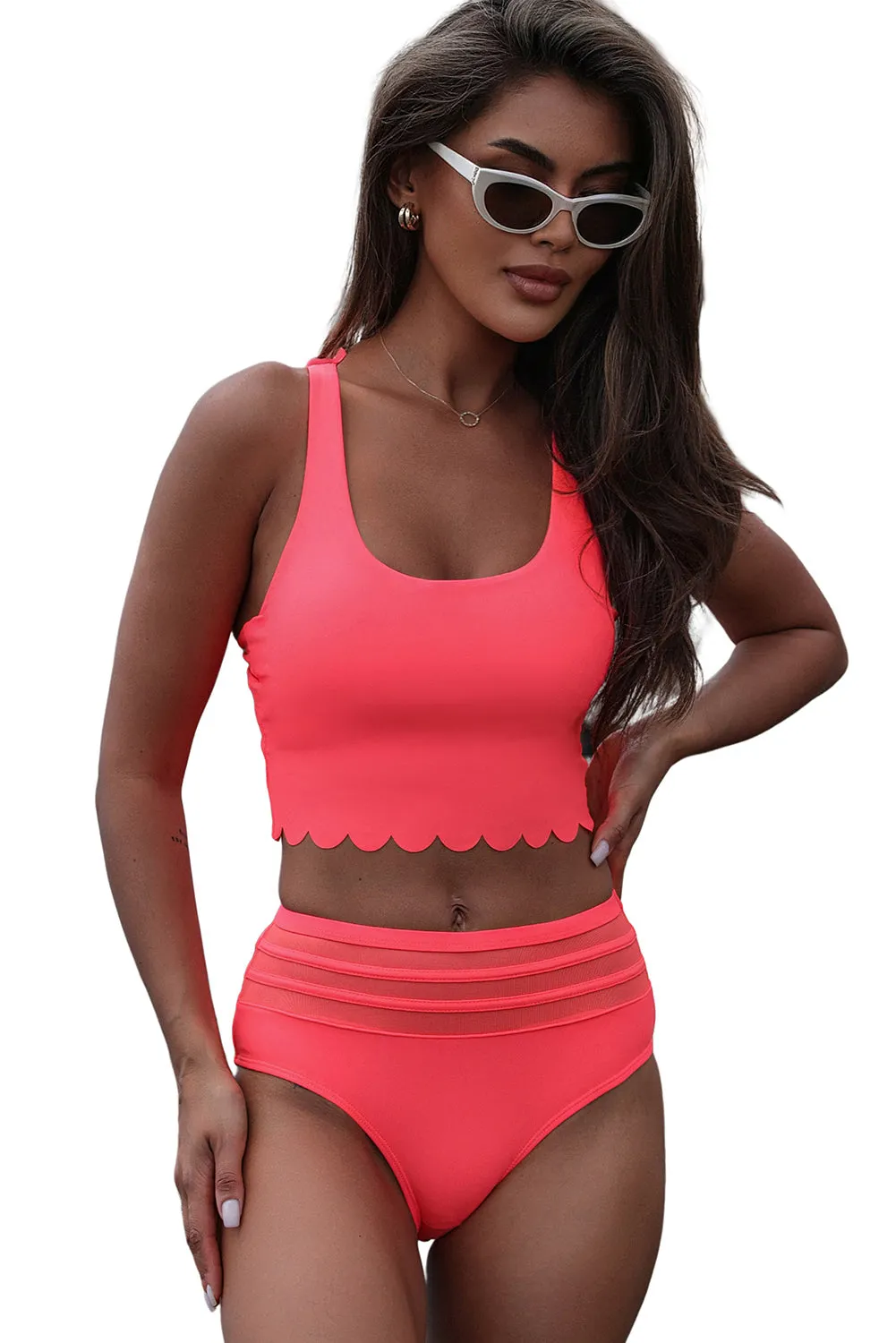 Women's 2 Piece Scalloped Criss Cross High Waist Bikini