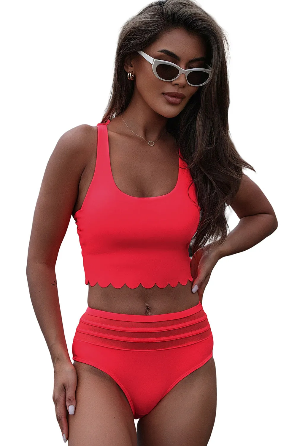 Women's 2 Piece Scalloped Criss Cross High Waist Bikini
