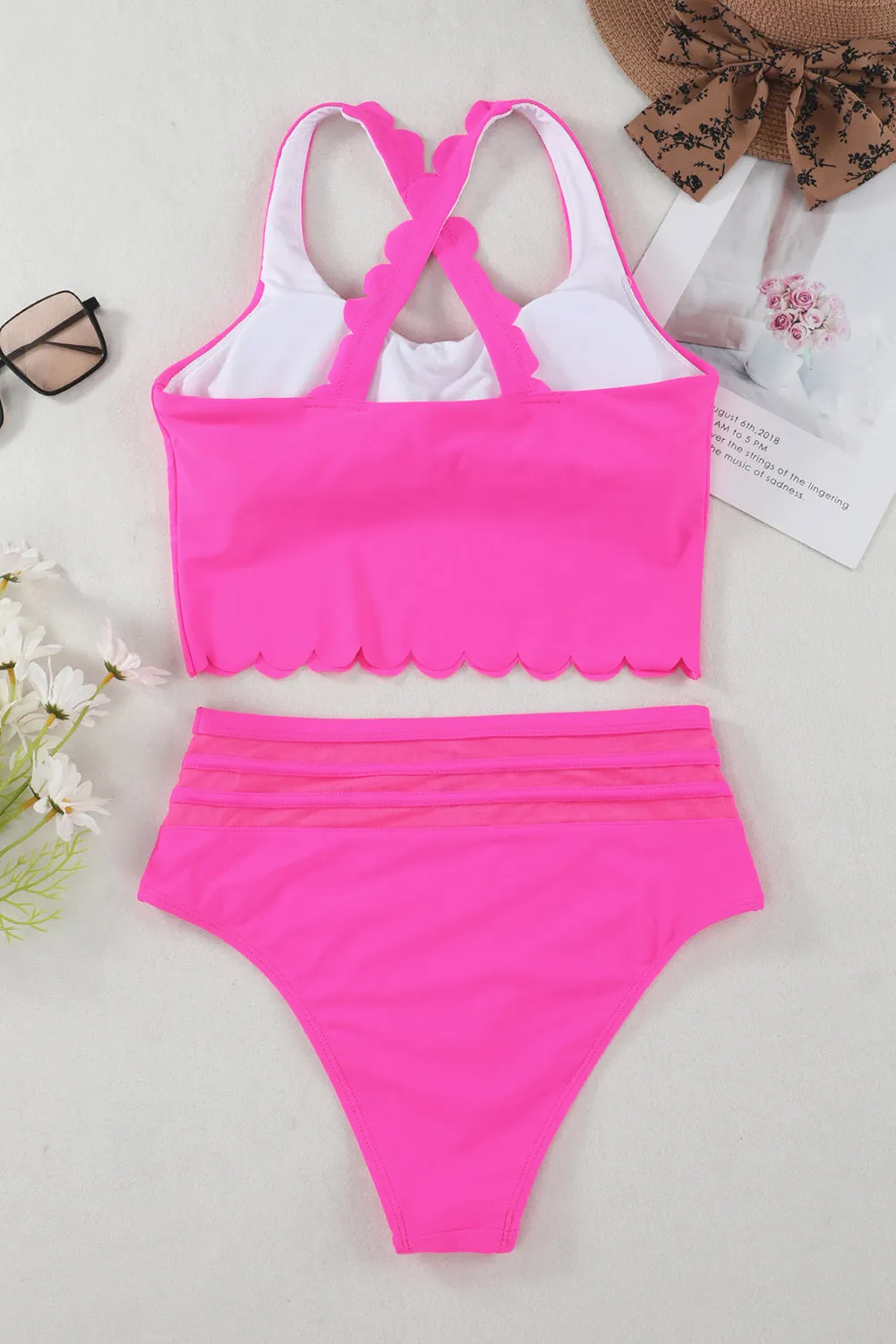 Women's 2 Piece Scalloped Criss Cross High Waist Bikini