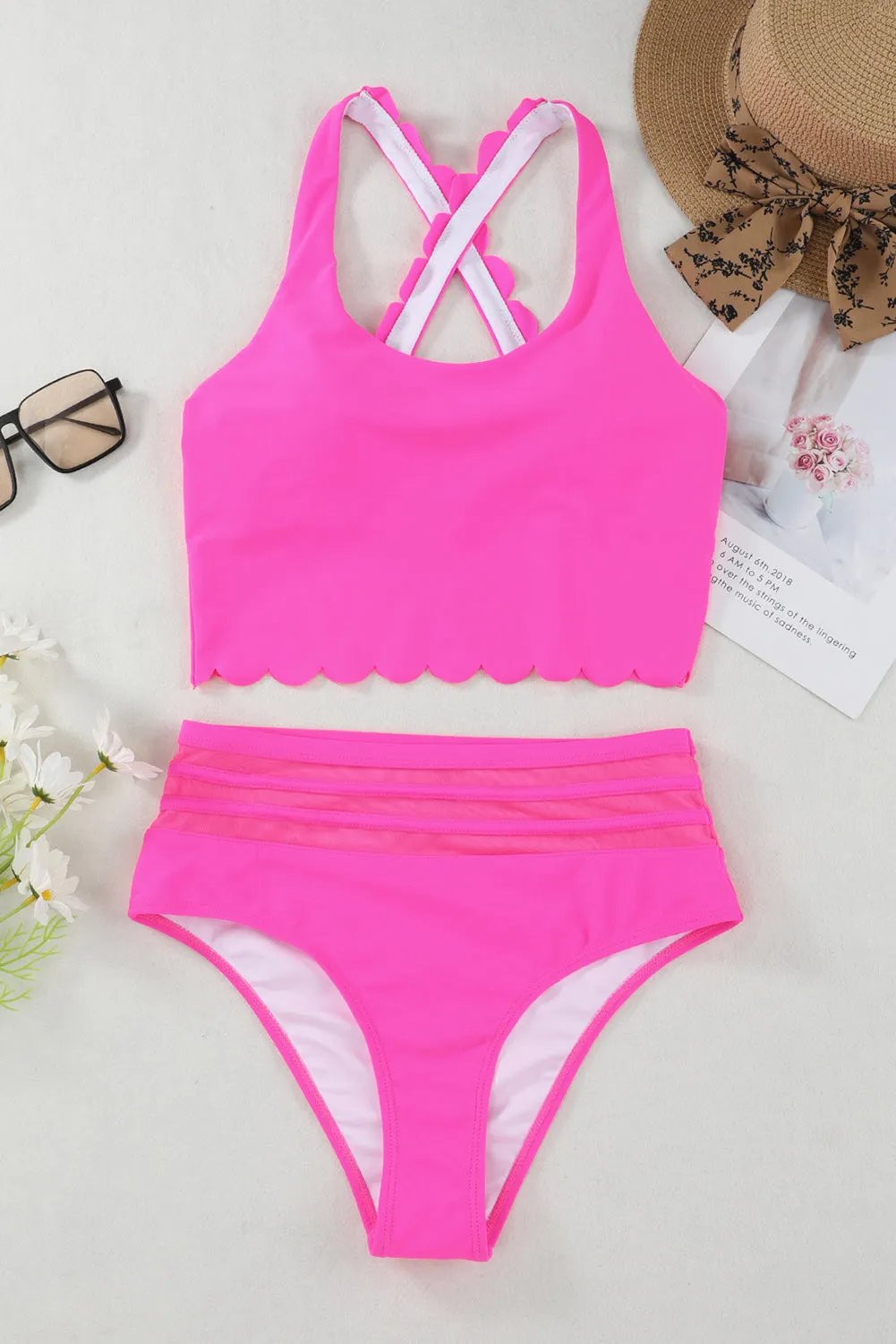 Women's 2 Piece Scalloped Criss Cross High Waist Bikini