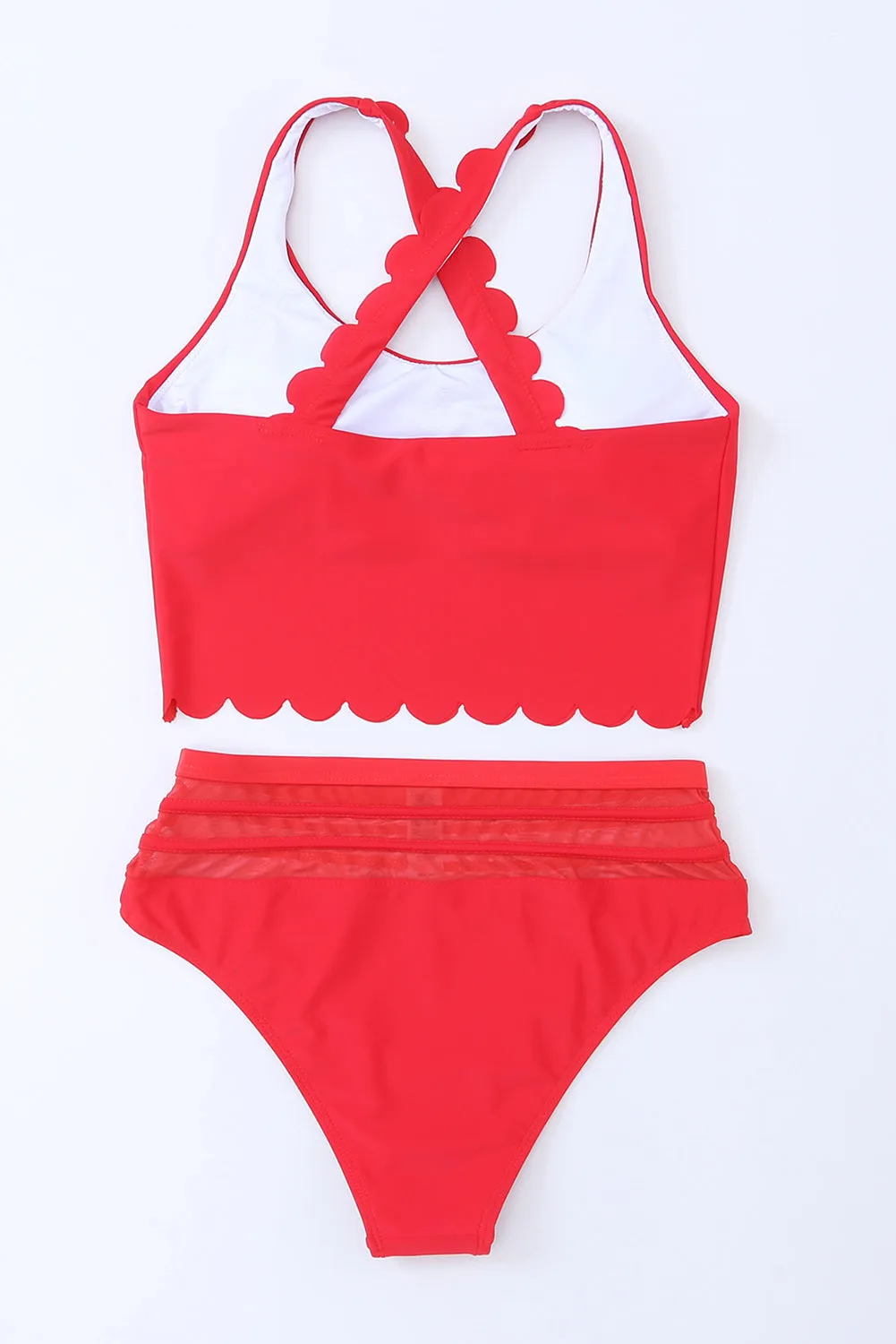 Women's 2 Piece Scalloped Criss Cross High Waist Bikini
