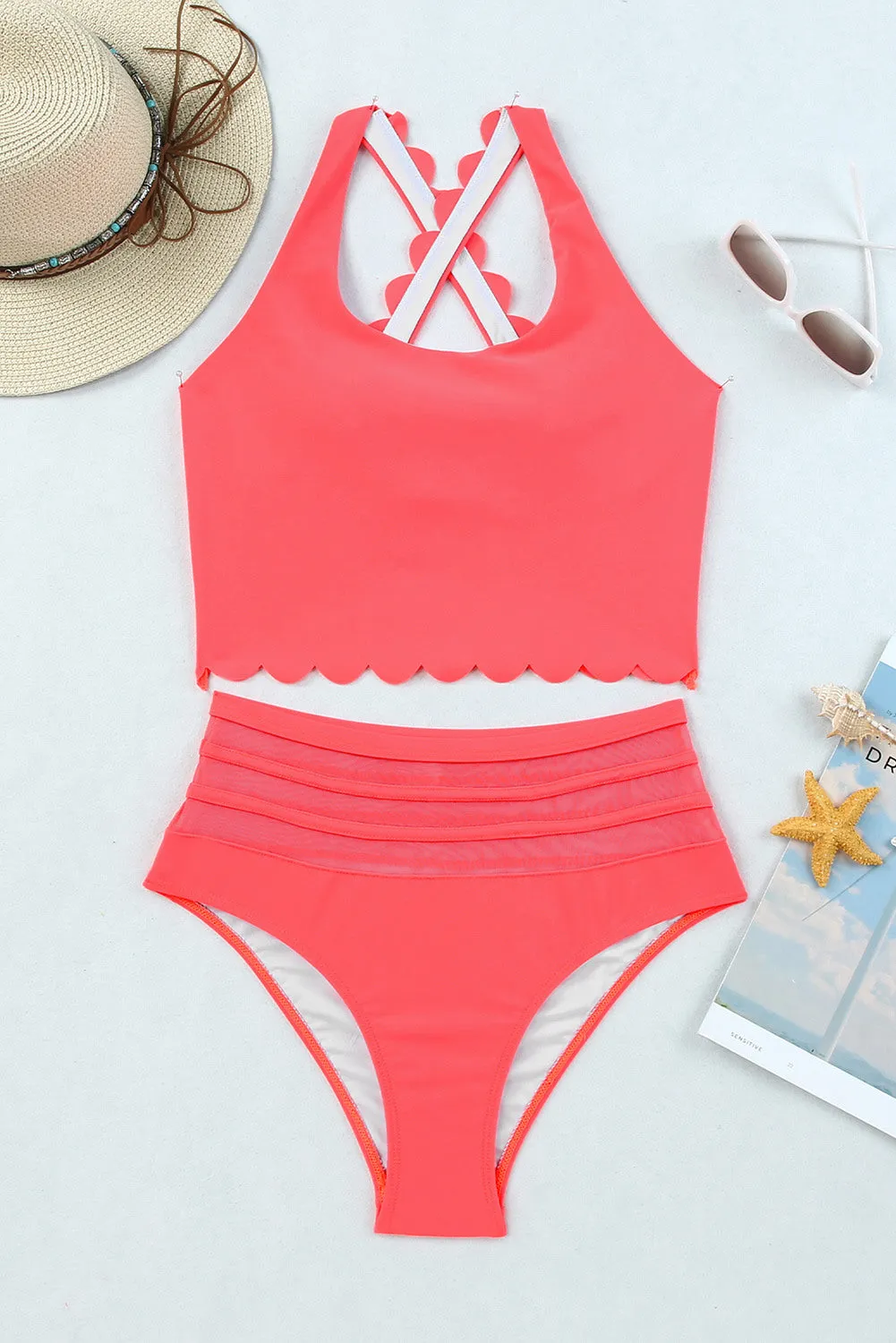 Women's 2 Piece Scalloped Criss Cross High Waist Bikini