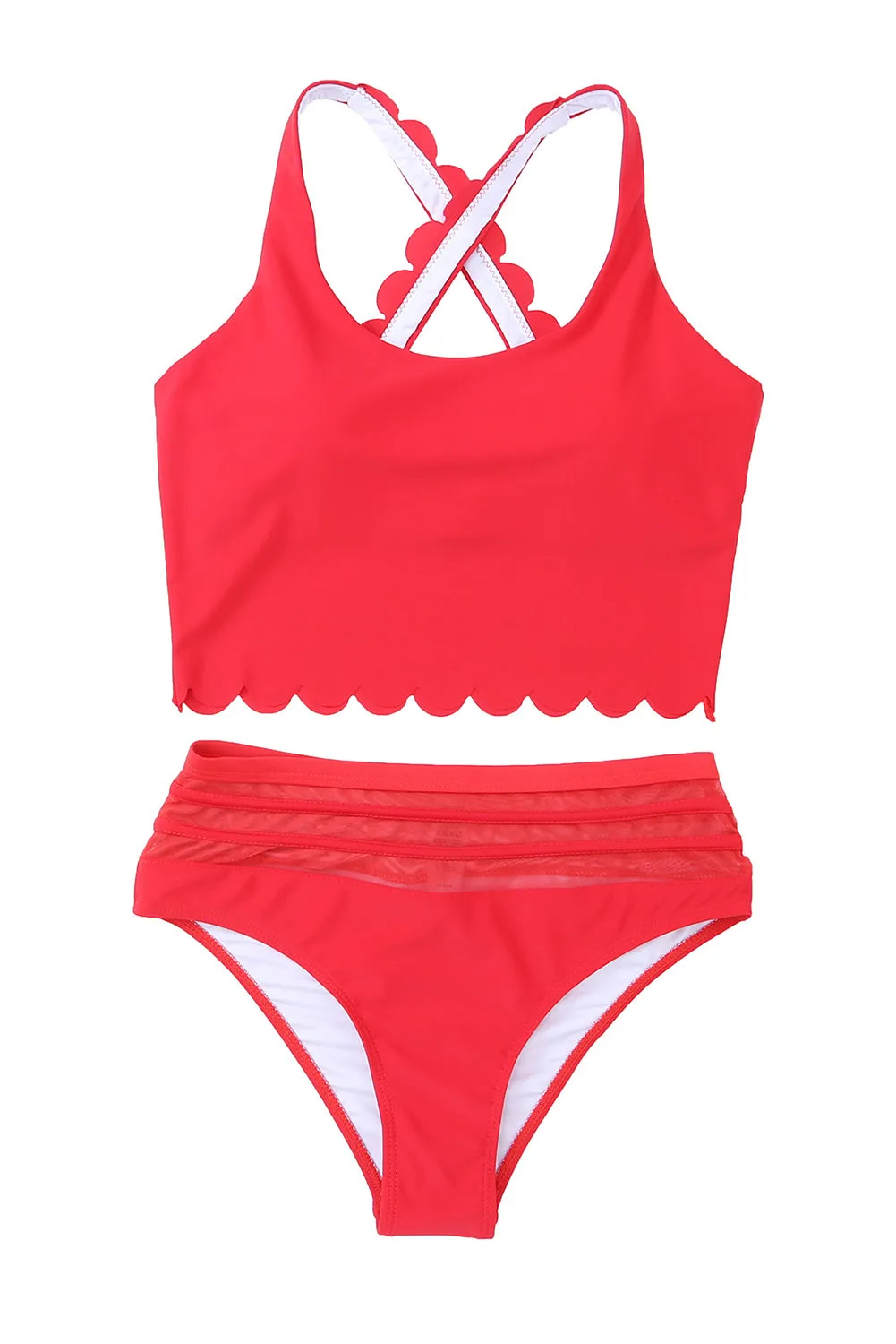 Women's 2 Piece Scalloped Criss Cross High Waist Bikini