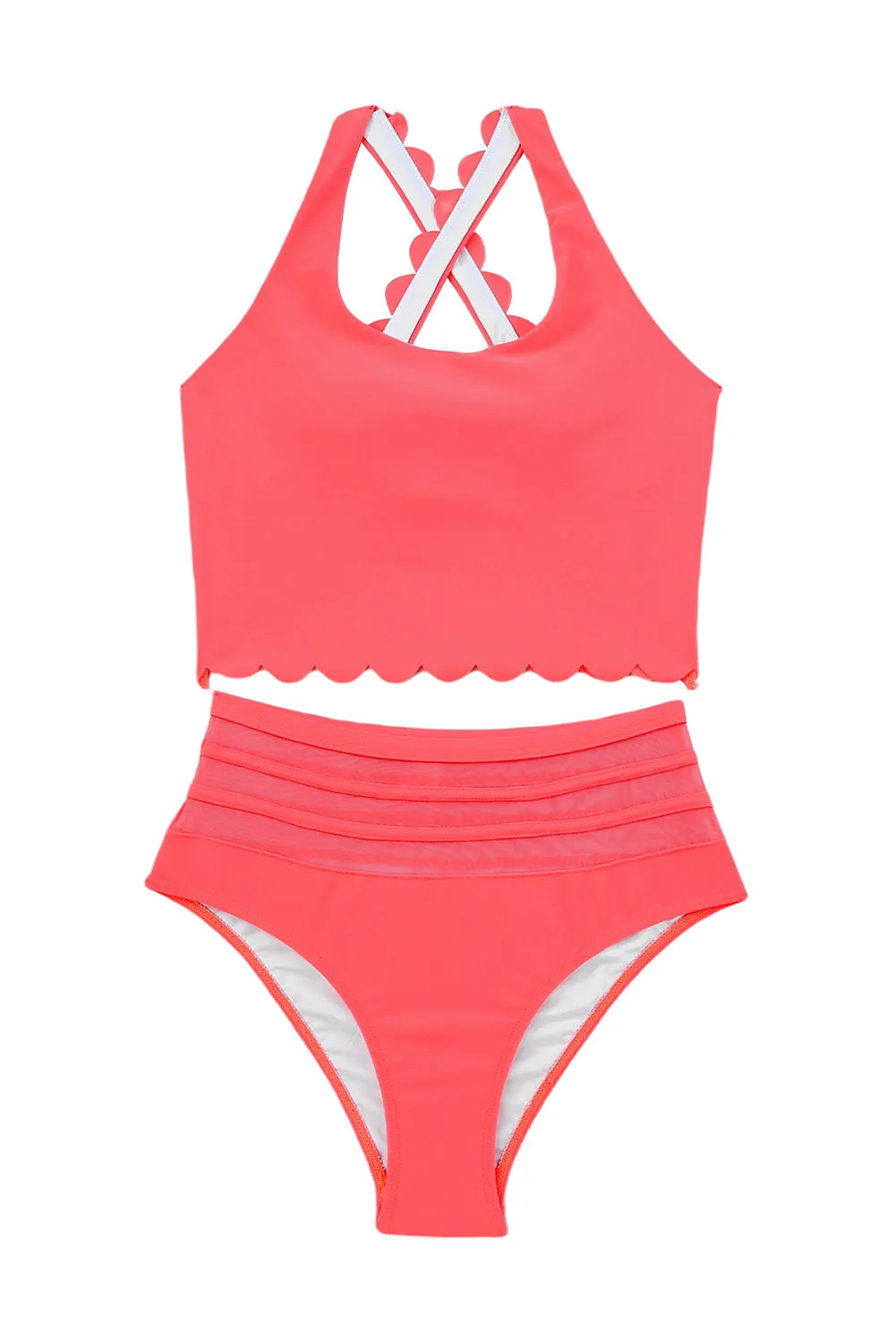 Women's 2 Piece Scalloped Criss Cross High Waist Bikini