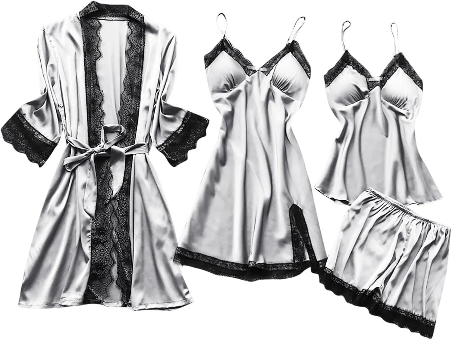 Women's 4PCS Pajamas Set Silk Lace Sleepwear Robe Suspender Dress Nightdress Camisole Nightwear Shorts Soft Nightgown