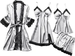 Women's 4PCS Pajamas Set Silk Lace Sleepwear Robe Suspender Dress Nightdress Camisole Nightwear Shorts Soft Nightgown