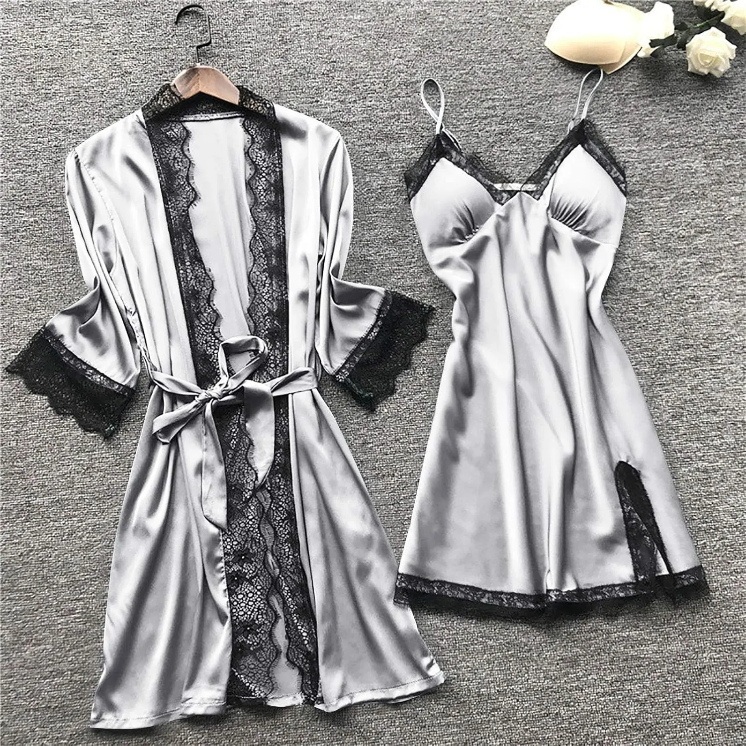 Women's 4PCS Pajamas Set Silk Lace Sleepwear Robe Suspender Dress Nightdress Camisole Nightwear Shorts Soft Nightgown