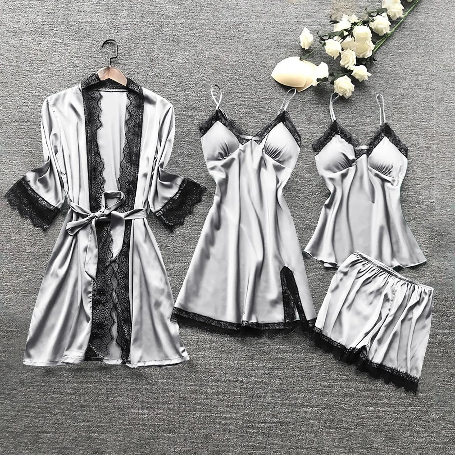 Women's 4PCS Pajamas Set Silk Lace Sleepwear Robe Suspender Dress Nightdress Camisole Nightwear Shorts Soft Nightgown