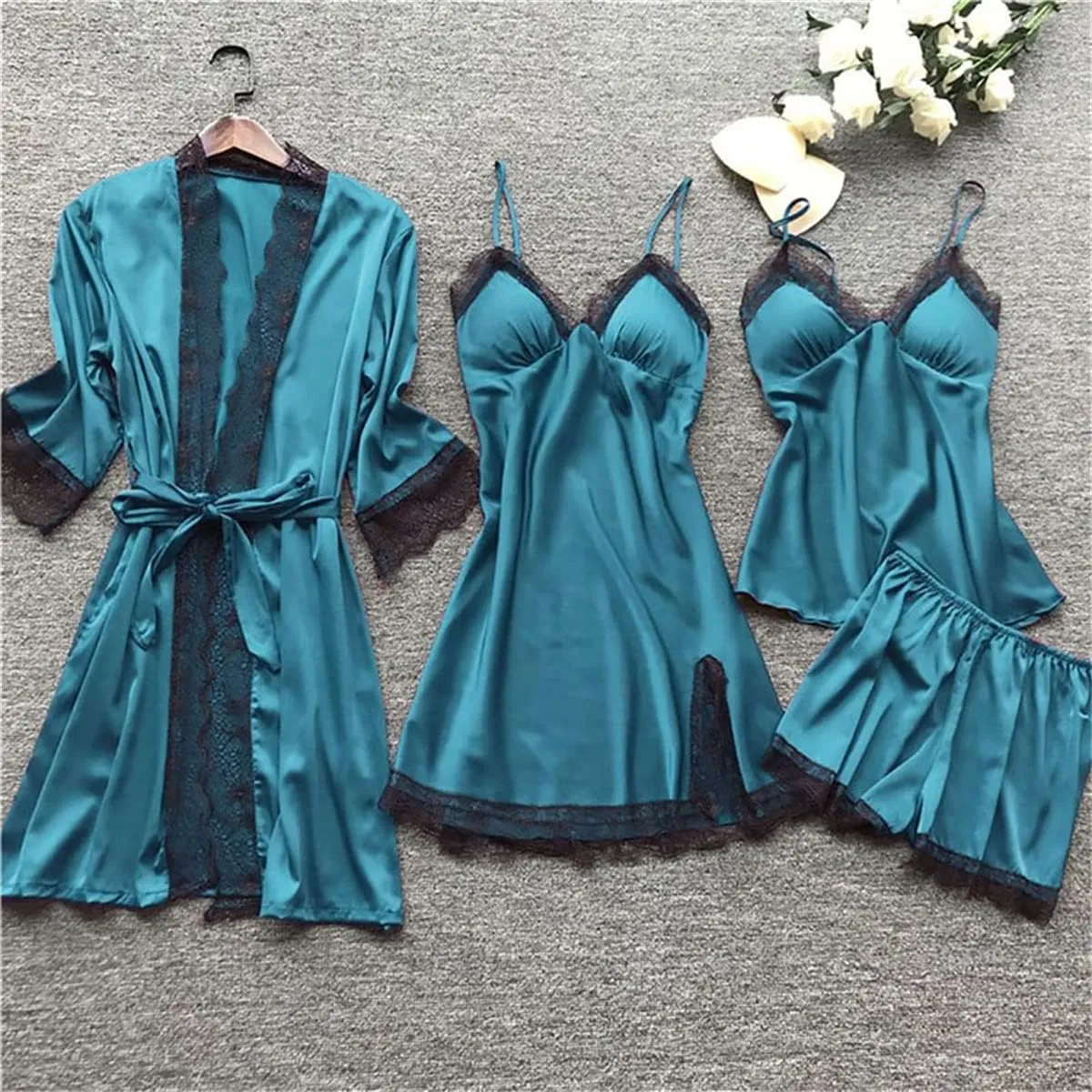Women's 4Pcs Sleepwear Lace Trim Silk Pajama Sets Cami Top Shorts Nightgown Robe Sets Sexy Satin Pjs Loungewear Sets