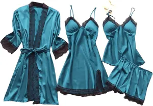 Women's 4Pcs Sleepwear Lace Trim Silk Pajama Sets Cami Top Shorts Nightgown Robe Sets Sexy Satin Pjs Loungewear Sets
