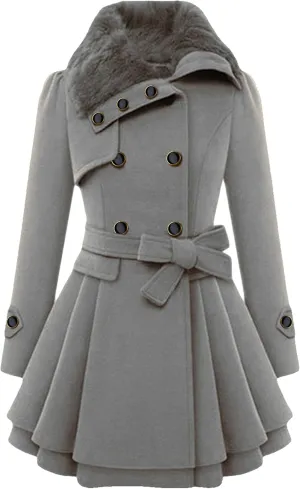 Womens a Line Faux Fur Collar with Belt Jacket Elegant Winter Swing Coat Wool Blend Warm Trench Coat
