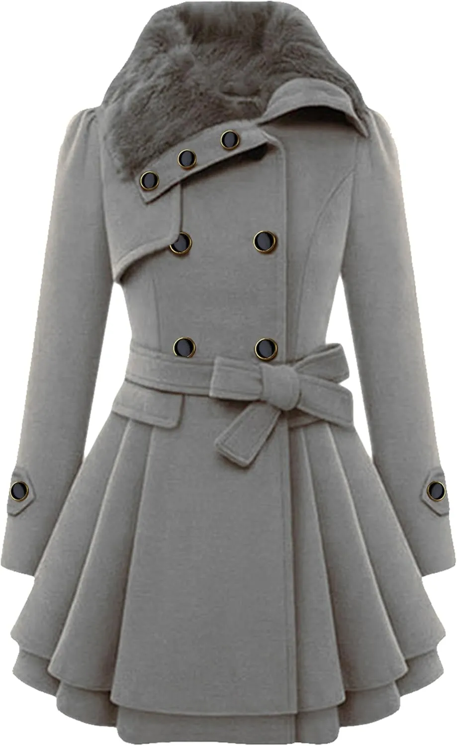 Womens a Line Faux Fur Collar with Belt Jacket Elegant Winter Swing Coat Wool Blend Warm Trench Coat