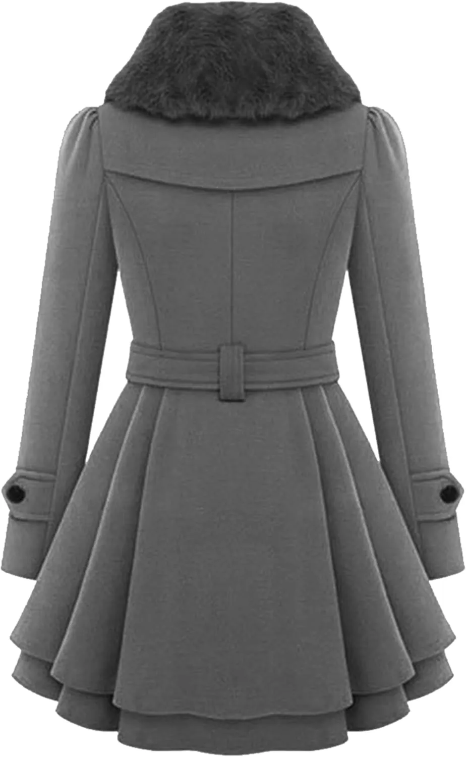 Womens a Line Faux Fur Collar with Belt Jacket Elegant Winter Swing Coat Wool Blend Warm Trench Coat