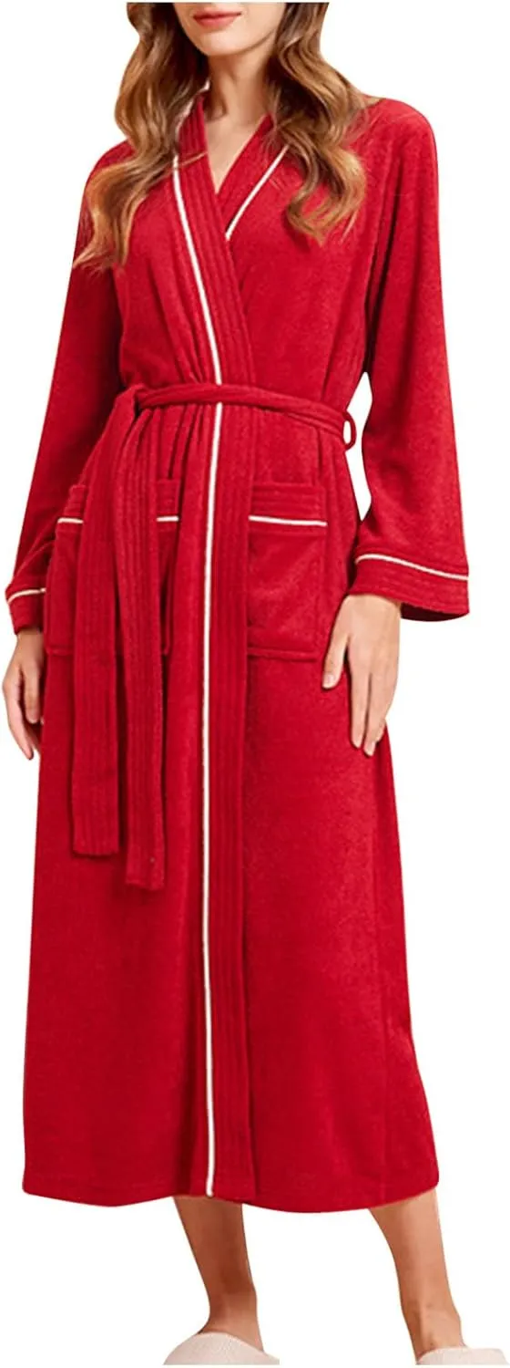 Womens Bath Robe Long Sleeve Bathrobe V-Neck Pajama Summer Solid Color Nightgown Casual Sleepwear with Pockets Belt