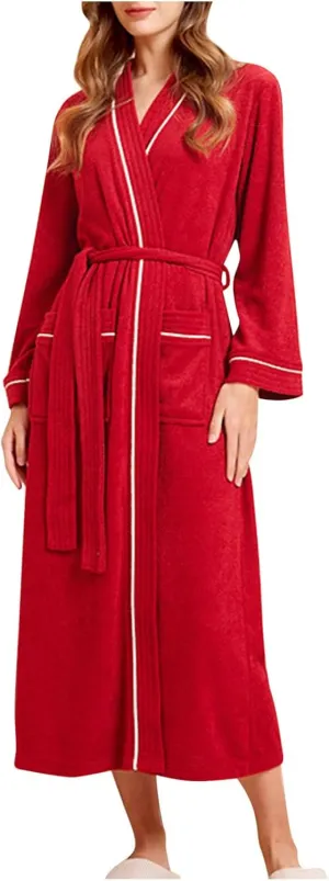 Womens Bath Robe Long Sleeve Bathrobe V-Neck Pajama Summer Solid Color Nightgown Casual Sleepwear with Pockets Belt