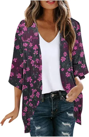 Women's Beach Cover Up Chiffon Kimono Cardigan Flroal Bathing Suit Cover Up Shirt Blouse for Summer Swimwear Coverups