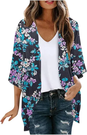 Women's Beach Cover Up Chiffon Kimono Cardigan Flroal Bathing Suit Cover Up Shirt Blouse for Summer Swimwear Coverups