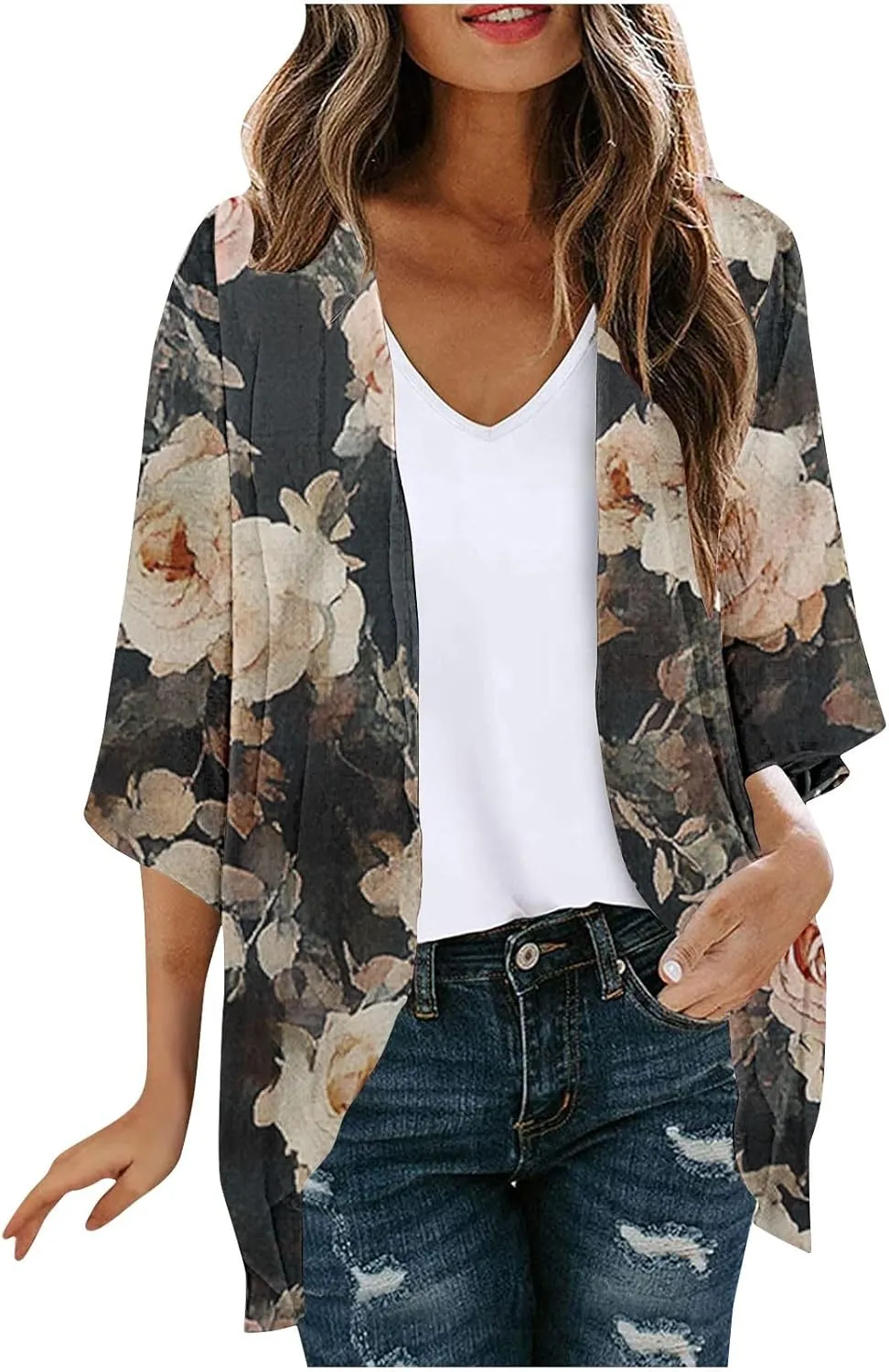 Women's Beach Cover Up Chiffon Kimono Cardigan Flroal Bathing Suit Cover Up Shirt Blouse for Summer Swimwear Coverups