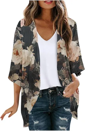 Women's Beach Cover Up Chiffon Kimono Cardigan Flroal Bathing Suit Cover Up Shirt Blouse for Summer Swimwear Coverups