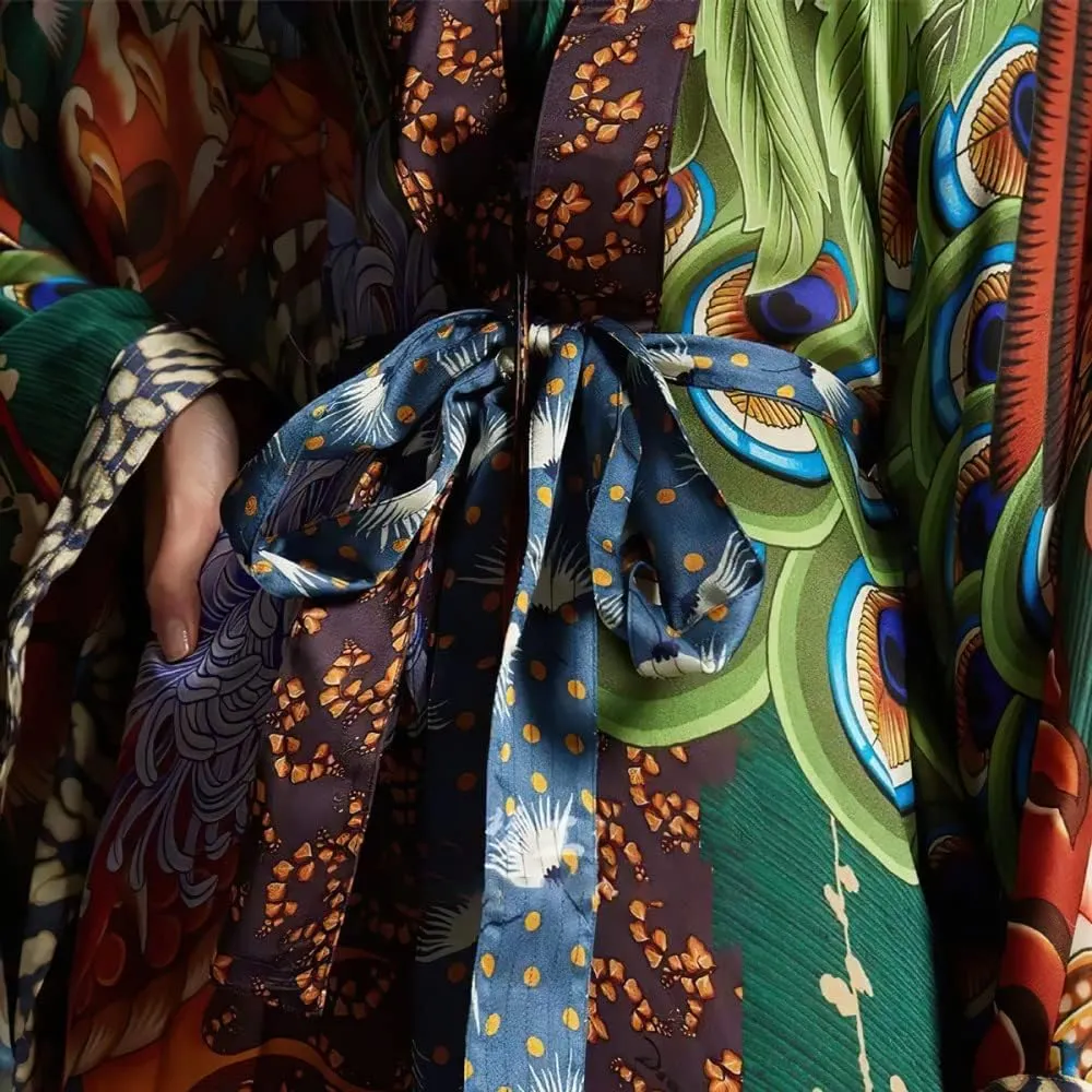 Women's Beach Cover up Dragon and Phoenix Floral Leaf Beach Blouse Kimono Cardigan Vacation Robe Bikini Cover Up Blouse Tops